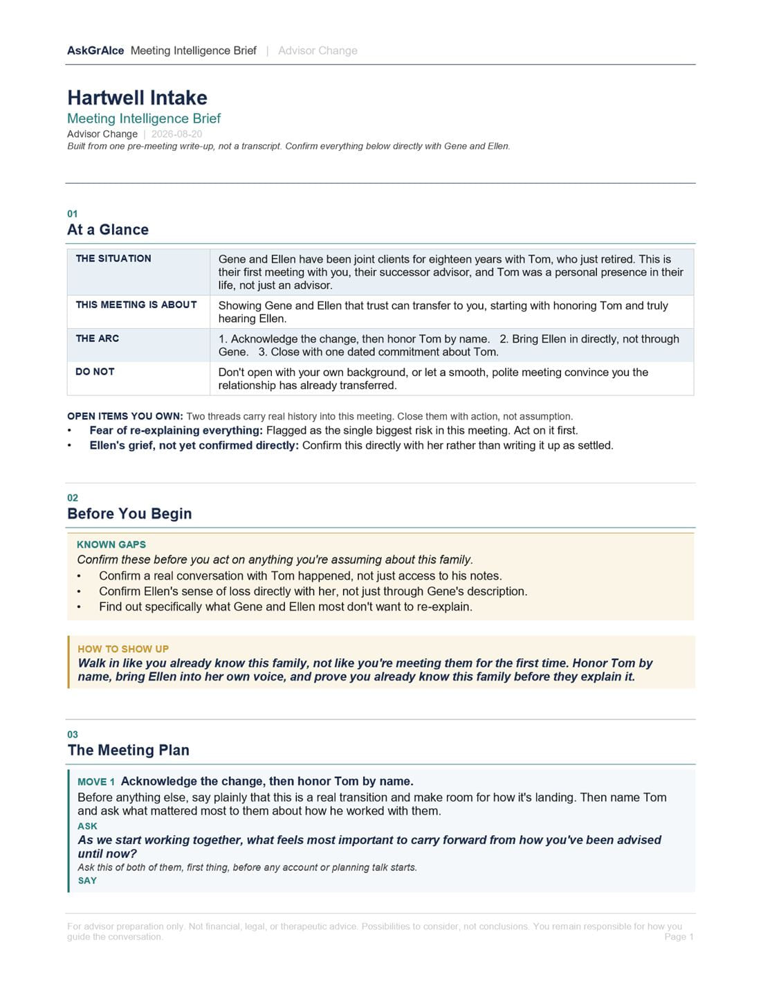 Meeting Intelligence Brief, page 1: at a glance, before you begin, the meeting plan