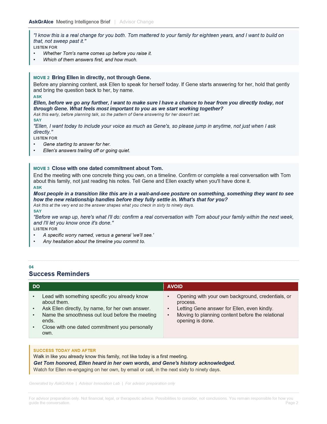 Meeting Intelligence Brief, page 2: the meeting plan continued, what to avoid