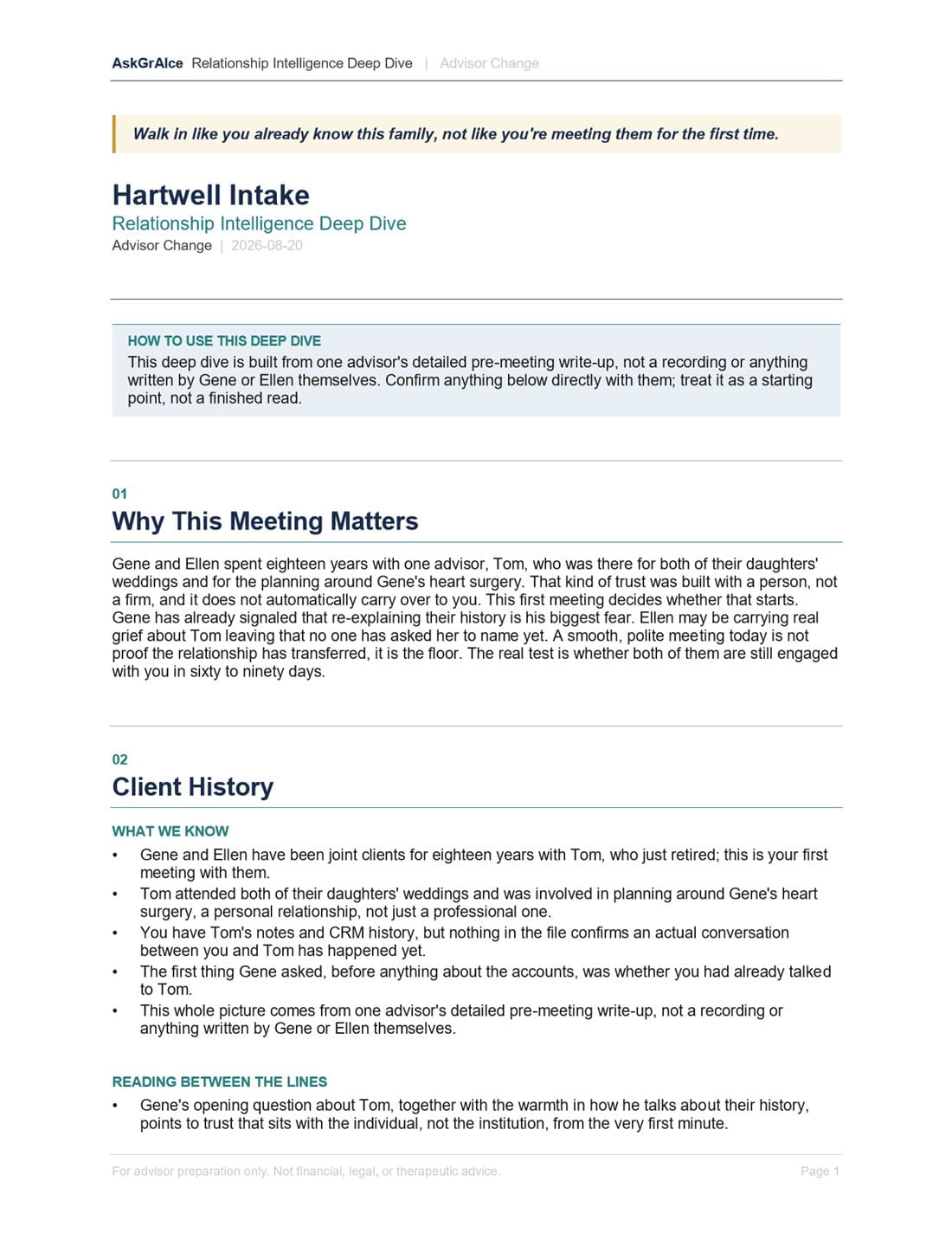 Deep Dive, page 1: why this meeting matters, client history